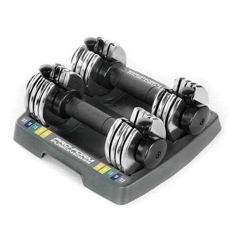 Proform adjustable dumbbells - Top features of the ProForm adjustable weights: Each dumbbell ranges from 10 to 50 lbs, and can be adjusted in 10-pound increments. The compact set takes up little space and can even be stashed in ...